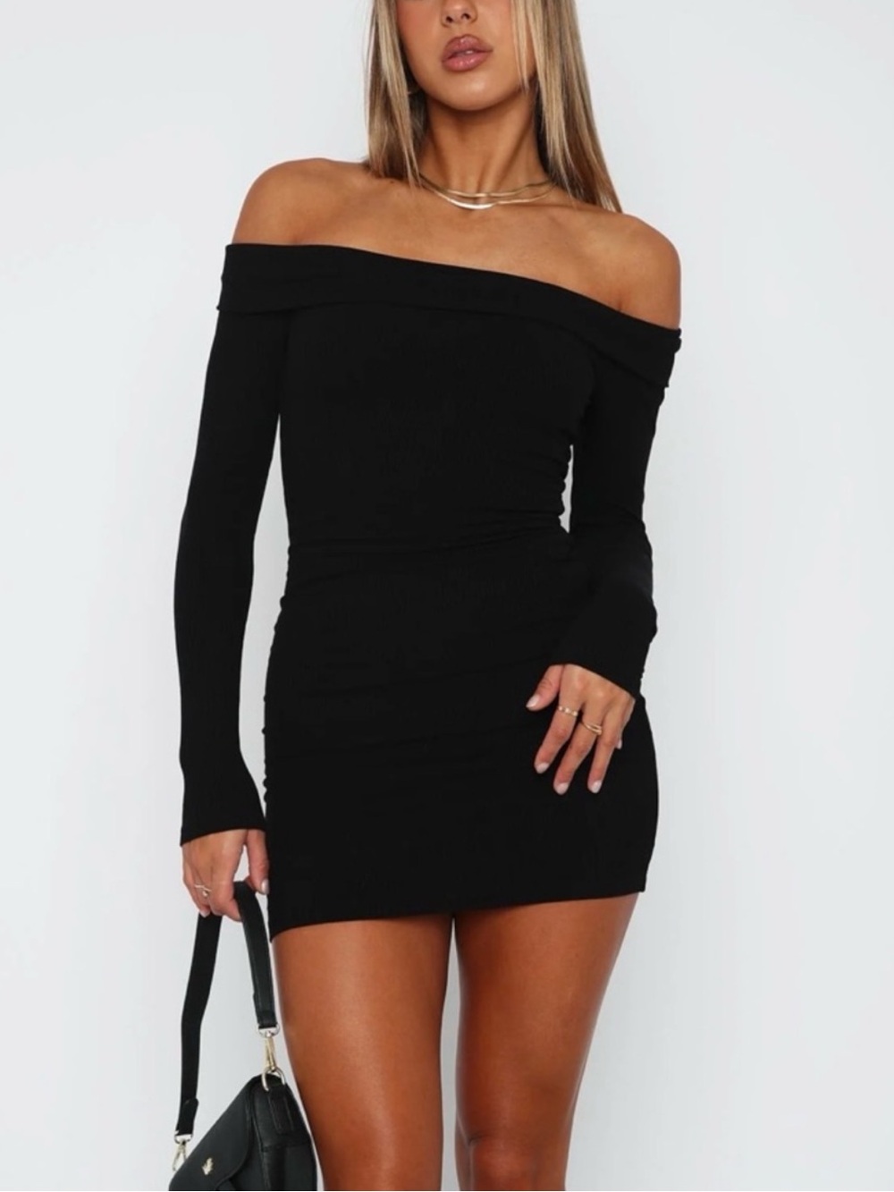 White Fox Boutique Black Off-Shoulder Long Sleeve Mini Dress